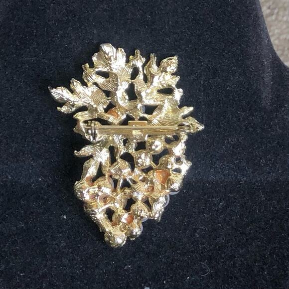 Vintage Mid-Century Amber Aurora Borealis Spray Brooch Pearl Flower Gold-Tone - Picture 5 of 7
